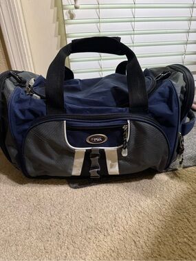Calpak Navy and Gray Travel Duffel with Black Straps